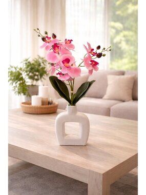 New Faux Orchid Arrangement Pink Artificial Flowers White Vase Modern Decor